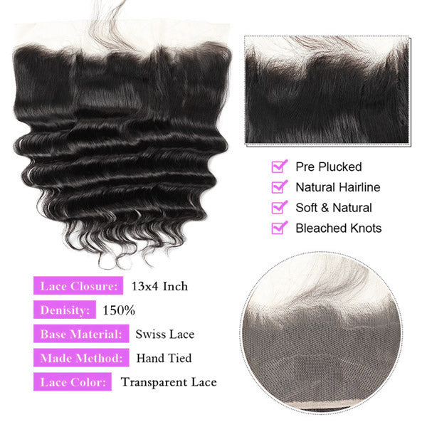 Allove Hair Peruvian Loose Deep Wave 3 Bundles with 13x4 HD Lace Frontal Closure