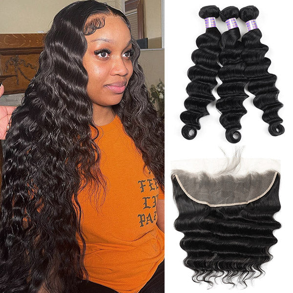 Allove Hair Peruvian Loose Deep Wave 3 Bundles with 13x4 HD Lace Frontal Closure