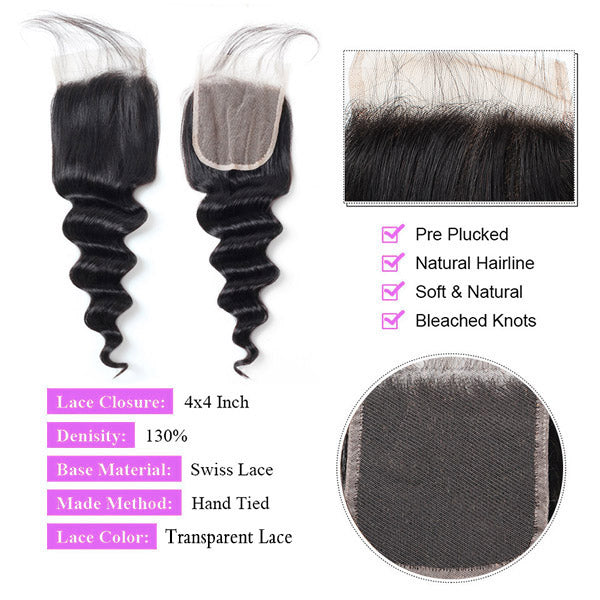 Allove Hair Peruvian Loose Deep Wave 4 Bundles with 4*4 HD Lace Closure Human Hair with Baby Hair