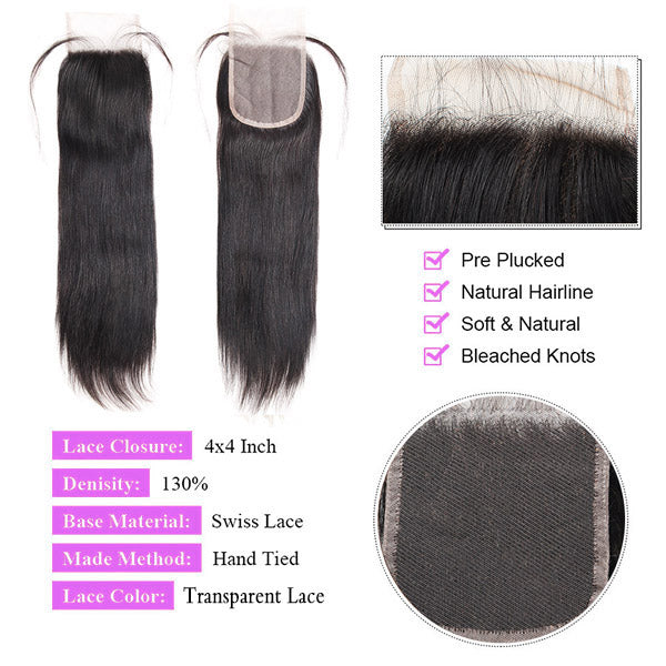 Malaysian Bone Straight Hair 3 Bundles with 4x4 Transparent Lace Closure Human Hair Weave