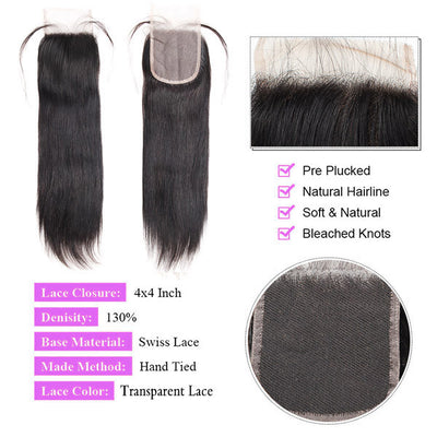 Malaysian Bone Straight Hair 3 Bundles with 4x4 Transparent Lace Closure Human Hair Weave