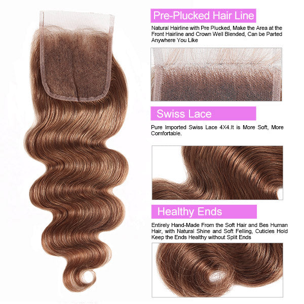 Allove Hair #4 Brown Colored Body Wave 3 Bundles with 4x4 Lace Closure Human Hair Extensions