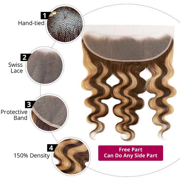 Allove Highlight Body Wave Hair 3 Bundles With Transparent 13*4 Lace Frontal