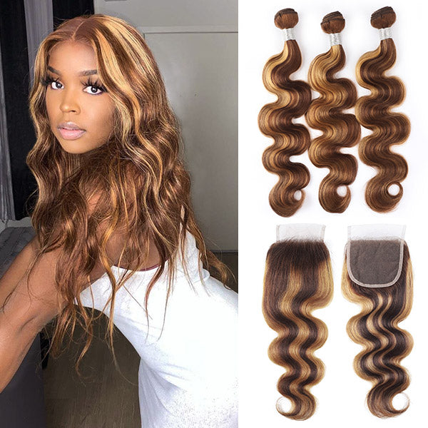 Allove Highlight Honey Blonde Body Wave Hair 3 Bundles With 4*4 Lace Closure