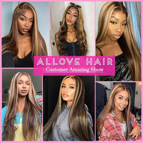 Allove Highlight Bone Straight Hair 3 Bundles With 4*4 Lace Closure Honey Blonde Human Hair