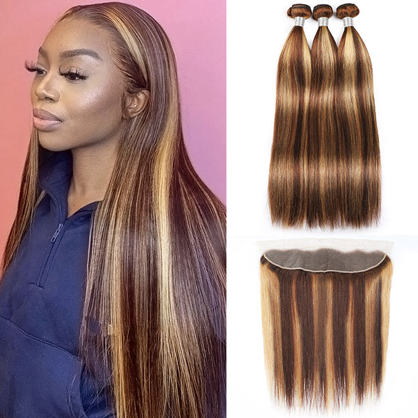 Honey Blonde Straight Hair 3 Bundles With Transparent 13*4 Lace Frontal