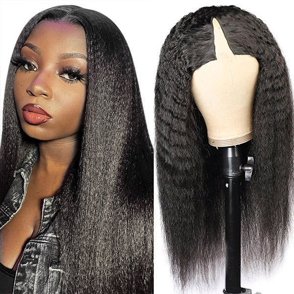 Allove Kinky Straight V Part Wig Human Hair For Black Women Brazilian Remy Glueless Middle U Shape Wigs