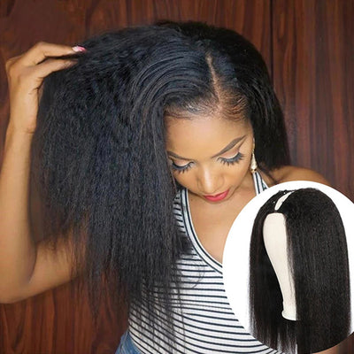 Allove Kinky Straight V Part Wig Human Hair For Black Women Brazilian Remy Glueless Middle U Shape Wigs