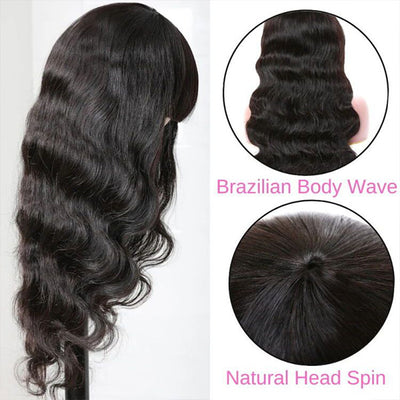 Allove Hair Machine Made Wigs Brazilian Body Wave Human Hair Wig With Free Part Bangs
