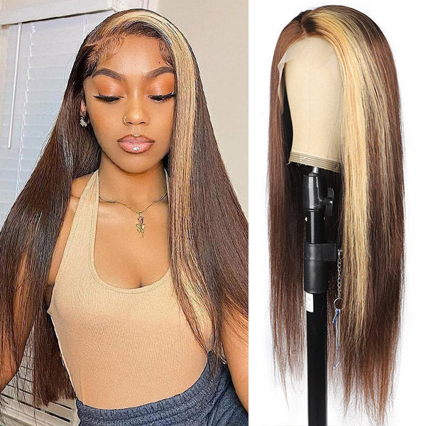 Allove Skunk Stripe  Brown Hair with Blonde 13x4 Lace Front Straight Human Hair Wig
