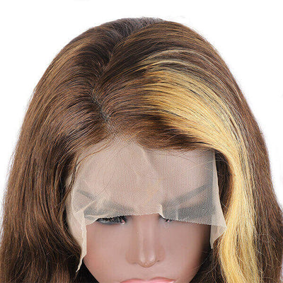 Skunk Stripe Brown with Blonde Body wave 13x4 Undetectable Transparent Lace Front Human Hair Wig
