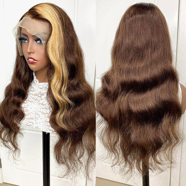 Skunk Stripe Brown with Blonde Body wave 13x4 Undetectable Transparent Lace Front Human Hair Wig