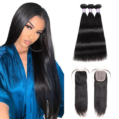 Allove Hair Brazilian Straight Hair 3 Bundles with 4*4 Transparent Lace Closure : ALLOVEHAIR