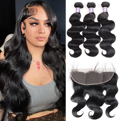 Indian Body Wave Hair 3 Bundles With 13x4 HD Lace Frontal Closure