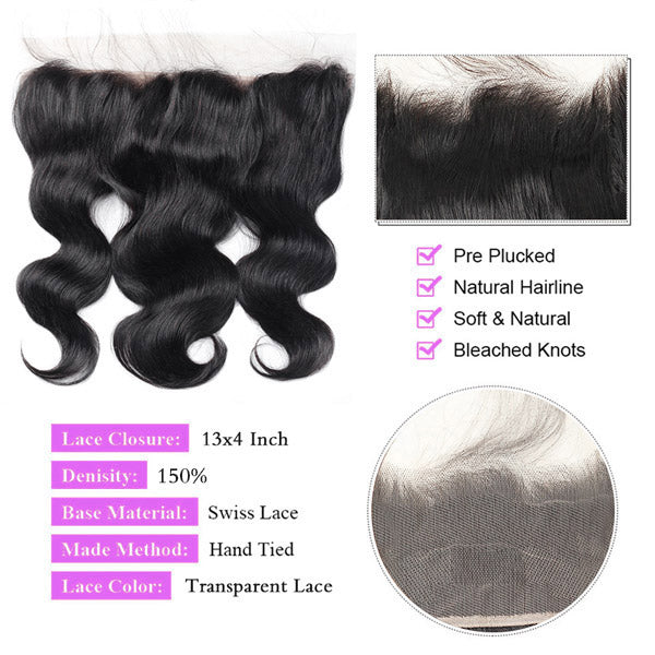 Brazilian Body Wave 3 Bundles With 13*4 HD Transparent Lace Frontal Virgin Human Hair