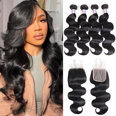 Brazilian Body Wave 4 Bundles with 4*4 HD Lace Closure Virgin Human Hair Extensions