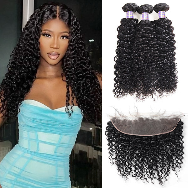 Brazilian Curly Wave 3 Bundles with 13x4 HD Lace Frontal Closure Human Hair Weave