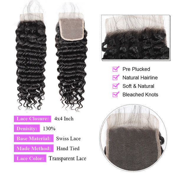 Allove Hair Brazilian Deep Wave Hair 3 Bundles with HD 4*4 Lace Closure