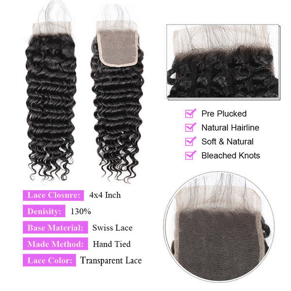 Brazilian Deep Wave 4 Bundles With 4*4 HD Lace Closure Virgin Human Hair with Baby Hair