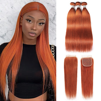 Brazilian Ginger Color Straight 3 Bundles With 4*4 Lace Closure Virgin Remy Human Hair