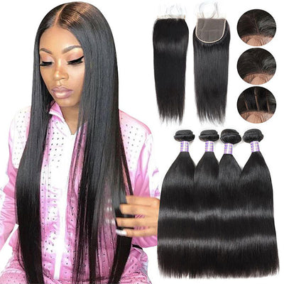 Bone Straight Bundles With Closure 5X5 HD Lace Closure With Bundles Brazilian Hair Bundles With 4x4 Closure Remy Hair Extension