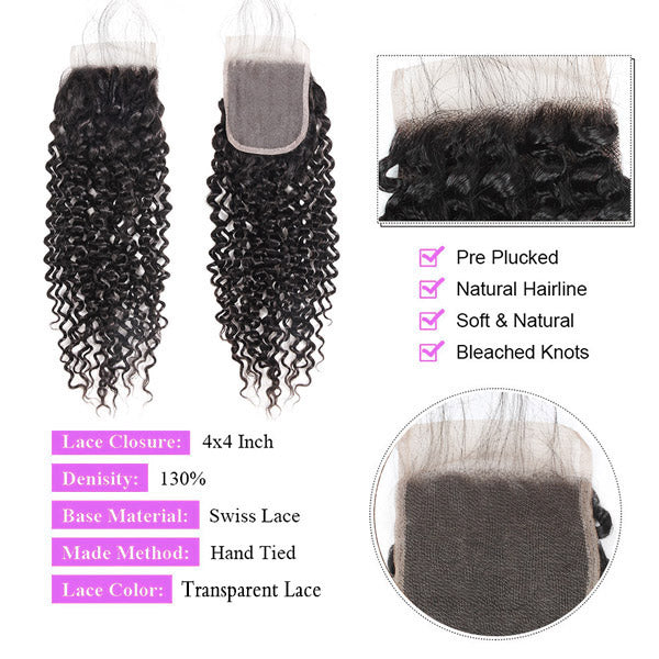 Brazilian Kinky Curly Hair 4 Bundles with 4*4 Transparent Lace Closure Virgin Hair Extensions