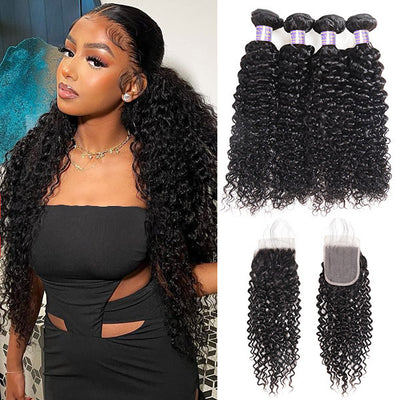 Brazilian Kinky Curly Hair 4 Bundles with 4*4 Transparent Lace Closure Human Hair Extensions