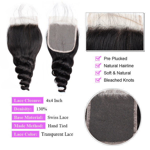 Brazilian Loose Wave Virgin Human Hair 4 Bundles With 4*4 Transparent Lace Closure