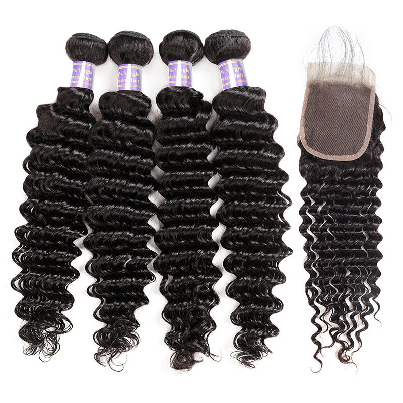 Elevate your look with Allove Hair's exquisite Deep Wave virgin hair bundles, made from premium Peruvian hair. These high-quality bundles come with a 4x4 lace closure, perfect for achieving a seamless and natural finish sew in look.