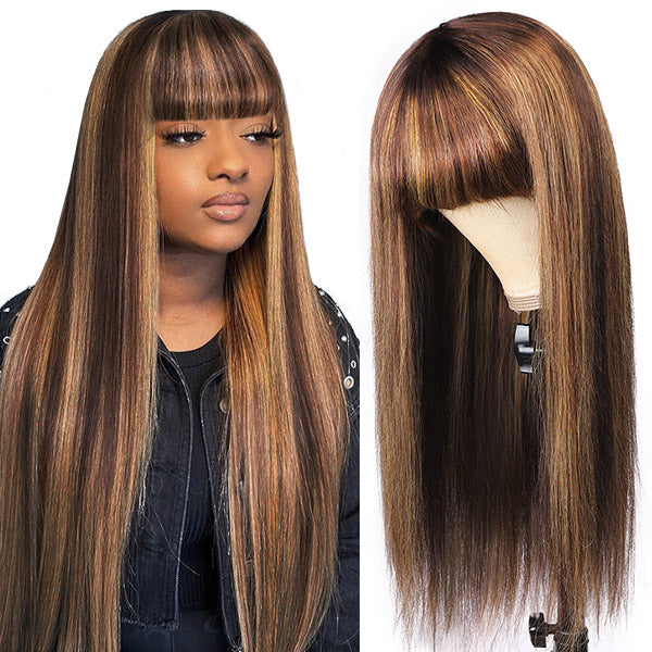 Honey Blonde Highlight Brown Ombre Straight Human Hair Wigs