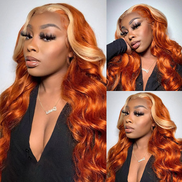 Ginger Blonde Ombre Color Body Wave Hair 4*4 Lace Closure Wig 150% Density Human Hair Orange Wig