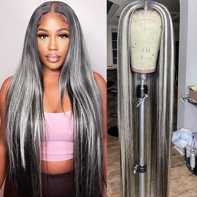 Grey Highlight Straight HD Transparent 13x4 Lace Frontal Wig For Black Women
