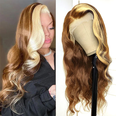 Allove Highlights Brown Hair with 613 Blonde Skunk Stripe Hair 13x4 Body Wave Lace Front Wig