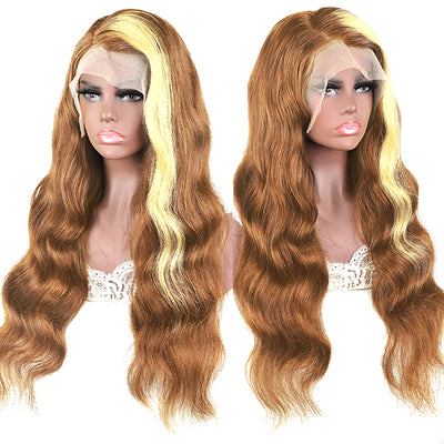 Allove Highlights Brown Hair with 613 Blonde Skunk Stripe Hair 13x4 Body Wave Lace Front Wig