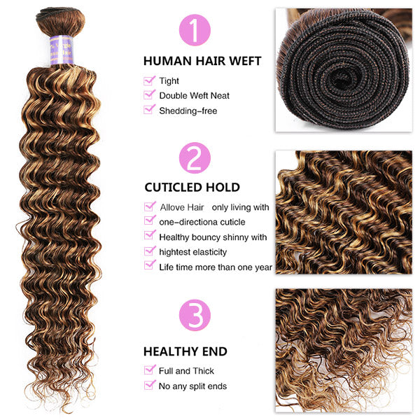 Honey Blonde Ombre Brazilian Deep Wave Hair 3 Bundles With 4*4 Lace Closure Human Hair