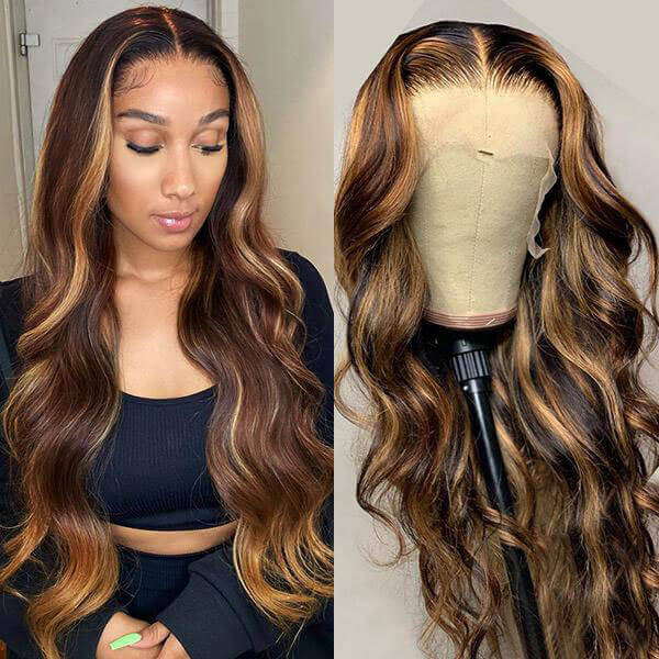 Highlight Ombre Colored Body Wave 4x4 HD Lace Closure Human Hair Wigs with Pre Plucked