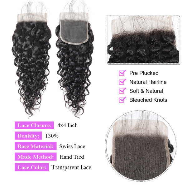 Malaysian Water Wave 3 Bundles with Transparent 4*4 Lace Closure Human Hair Weave