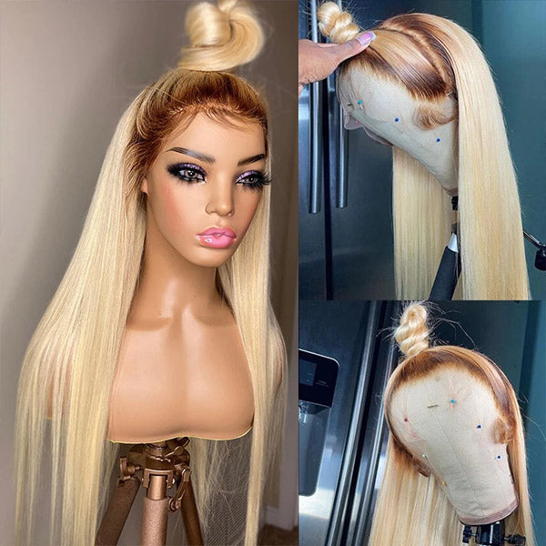 Long 40Inch Ombre Blonde Color Straight HD 13x4 Lace Frontal Wig with Brown Root