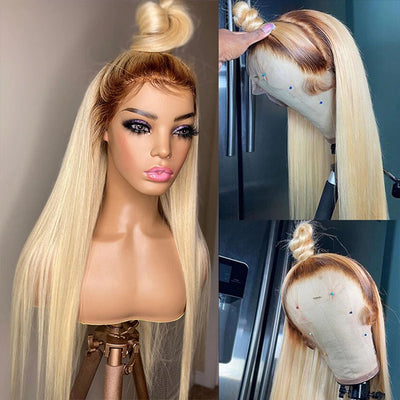 Long 40Inch Ombre Blonde Color Straight HD 13x4 Lace Frontal Wig with Brown Root