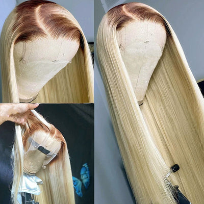 Long 40Inch Ombre Blonde Color Straight HD 13x4 Lace Frontal Wig with Brown Root