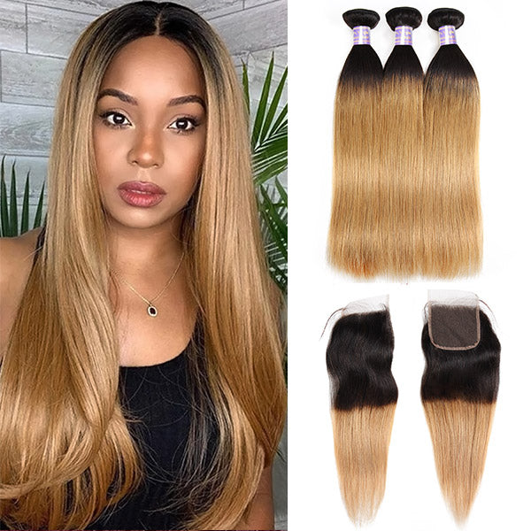 T1B/27 Honey Blonde Color Brazilian Straight Hair 3 Bundles With