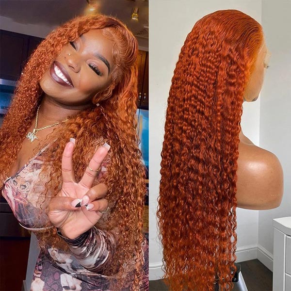 Allove Ginger Orange Color Curly 13x6x1 Lace Part Wigs Brazilian PrePlucked Transparent HD Wig For Women