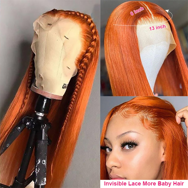 Orange Ginger Color Pre plucked 13x6 HD Transparent Lace Front Human Hair Wigs for Women