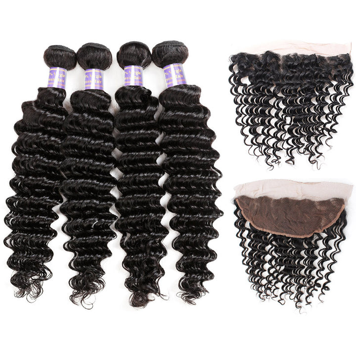 Elevate your look with Allove Hair's luxurious Peruvian Deep Wave Hair bundles, designed for a stunning, natural appearance. Each bundle features exquisite virgin human hair, ensuring durability and versatility for any style. The set includes a 13x4 lace frontal that allows for seamless blending and a flawless finish, perfect for sew-in installations.