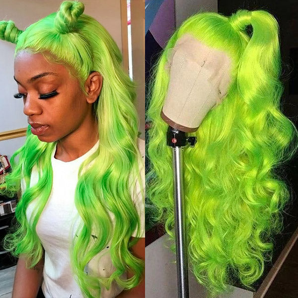 Green Colored Body Wave 13x4 Transparent Lace Front Wig with Pre-Plucked Colored Barbie Wig
