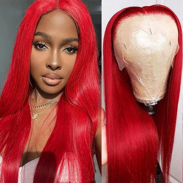 Red 13x4 Lace Front Human Hair Wigs Brazilian Straight Pre Plucked HD Transparent Lace Frontal Wig