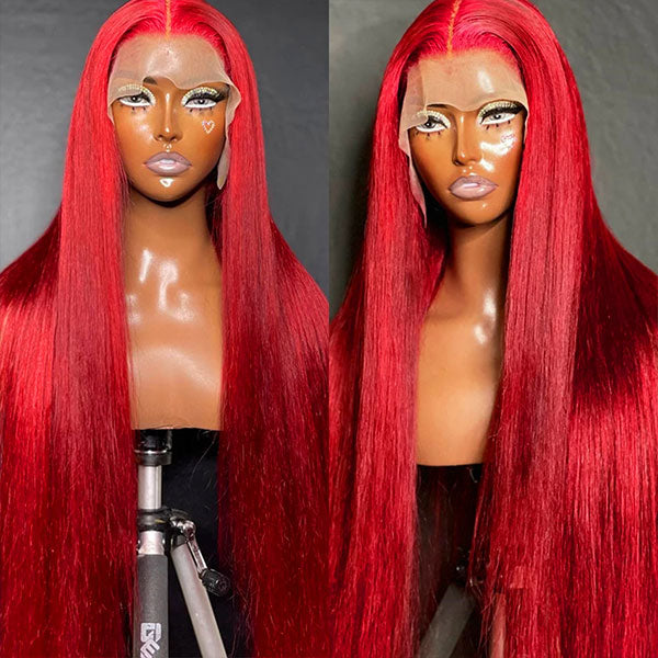 Red 13x4 Lace Front Human Hair Wigs Brazilian Straight Pre Plucked HD Transparent Lace Frontal Wig