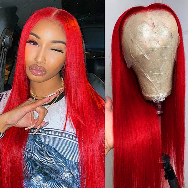 Red 13x4 Lace Front Human Hair Wigs Brazilian Straight Pre Plucked HD Transparent Lace Frontal Wig