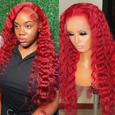 Red Color Deep Wave Lace Front Wigs Transparent 13x4 Lace Front Wig with Pre Plucked