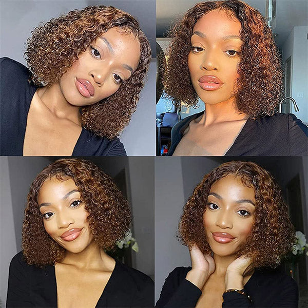 Honey Blonde Short Curly Bob Wig 13x6x1 Lace Part Human Hair Wigs For Women